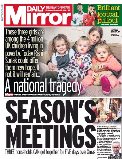 Daily Mirror Newspaper Front Page for 25 November 2020