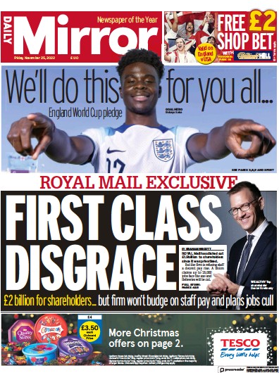 Daily Mirror (UK) Newspaper Front Page for 25 November 2022