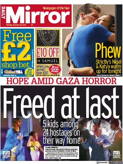 Daily Mirror (UK) Newspaper Front Page for 25 November 2023