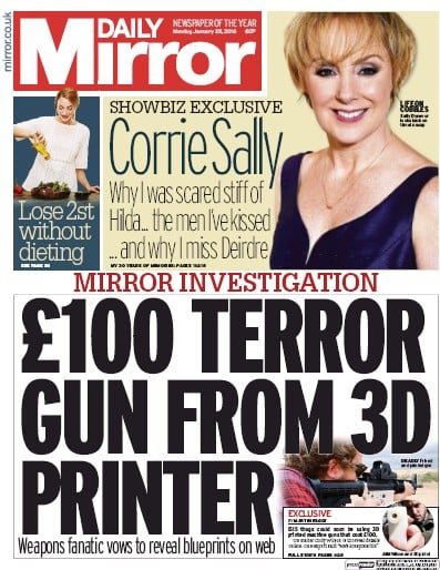 Daily Mirror Newspaper Front Page for 25 January 2016
