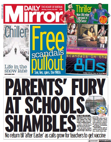 Daily Mirror Newspaper Front Page for 25 January 2021