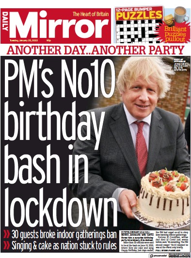 Daily Mirror (UK) Newspaper Front Page for 25 January 2022