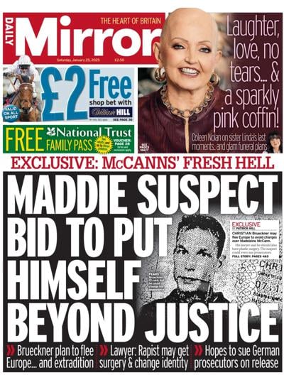 Daily Mirror (UK) Newspaper Front Page for 25 January 2025