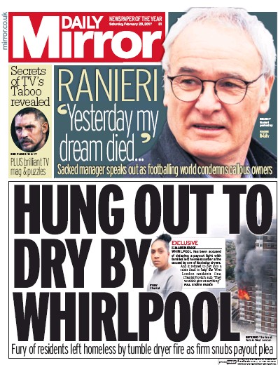 Daily Mirror Newspaper Front Page for 25 February 2017
