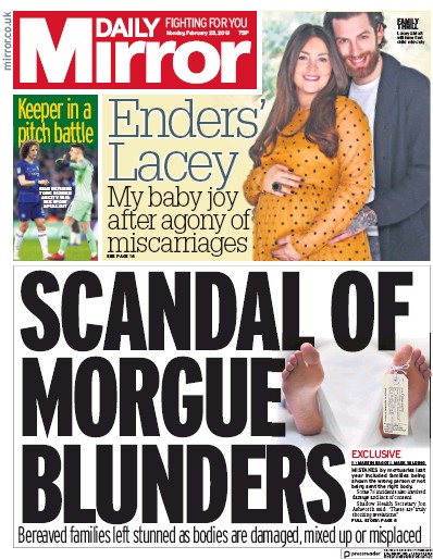 Daily Mirror Newspaper Front Page for 25 February 2019