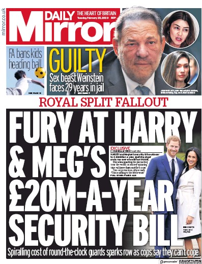 Daily Mirror Newspaper Front Page for 25 February 2020