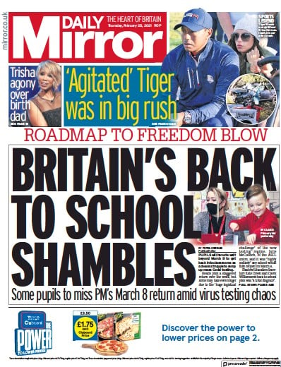Daily Mirror Newspaper Front Page for 25 February 2021