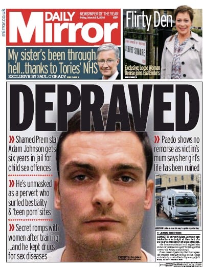 Daily Mirror Newspaper Front Page for 25 March 2016