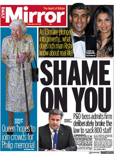 Daily Mirror Newspaper Front Page for 25 March 2022