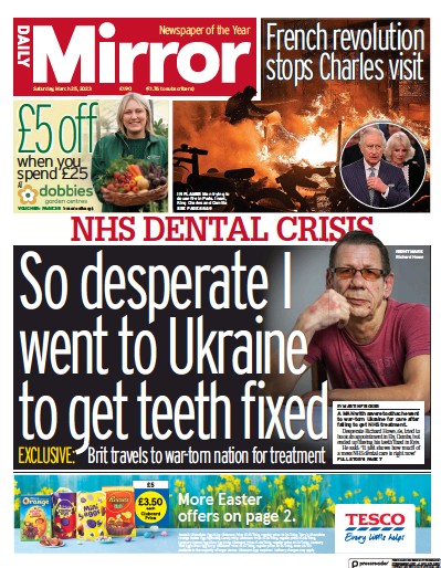 Daily Mirror (UK) Newspaper Front Page for 25 March 2023