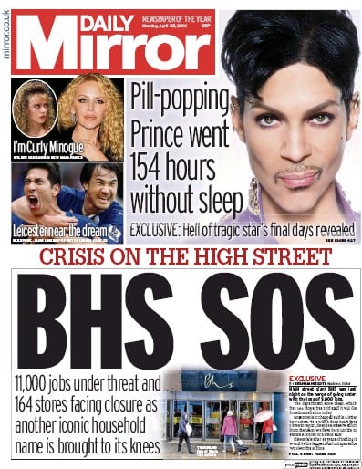 Daily Mirror Newspaper Front Page for 25 April 2016