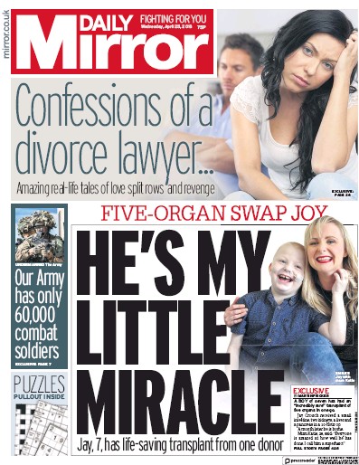 Daily Mirror (UK) Newspaper Front Page for 25 April 2018