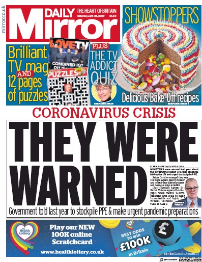 Daily Mirror Newspaper Front Page for 25 April 2020