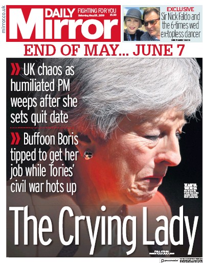 Daily Mirror Newspaper Front Page for 25 May 2019