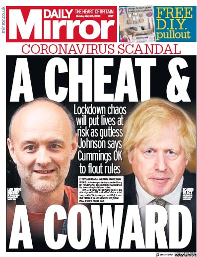 Daily Mirror Newspaper Front Page for 25 May 2020
