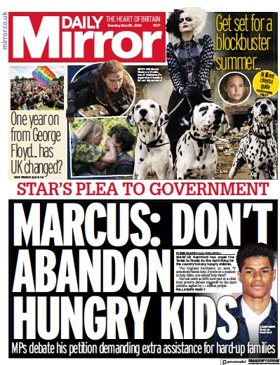 Daily Mirror Newspaper Front Page for 25 May 2021
