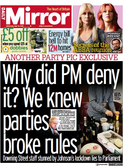Daily Mirror (UK) Newspaper Front Page for 25 May 2022