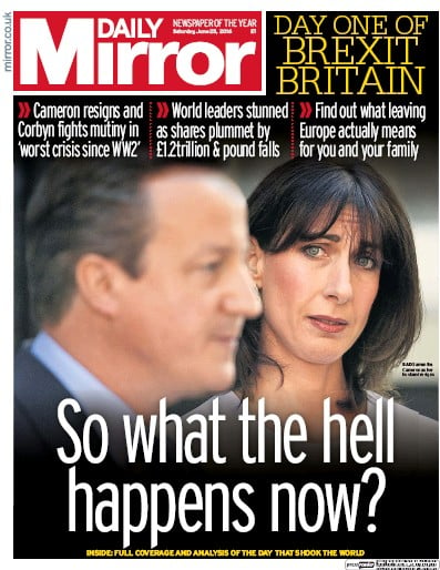 Daily Mirror Newspaper Front Page for 25 June 2016