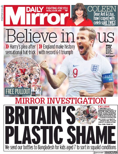 Daily Mirror (UK) Newspaper Front Page for 25 June 2018
