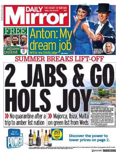 Daily Mirror (UK) Newspaper Front Page for 25 June 2021