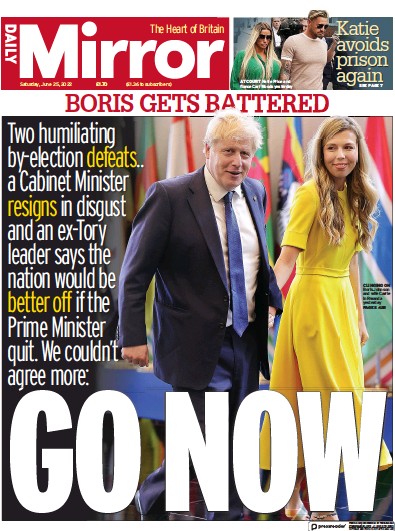 Daily Mirror (UK) Newspaper Front Page for 25 June 2022