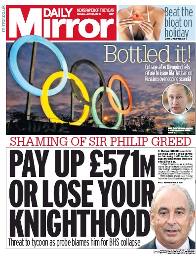 Daily Mirror Newspaper Front Page for 25 July 2016