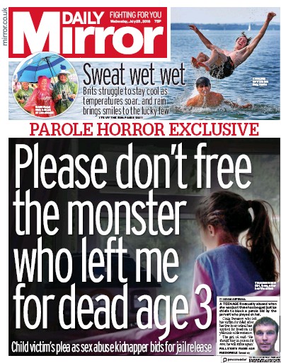 Daily Mirror Newspaper Front Page for 25 July 2018