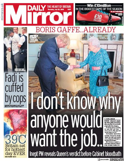 Daily Mirror (UK) Newspaper Front Page for 25 July 2019