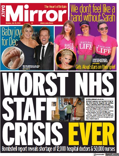 Daily Mirror Newspaper Front Page for 25 July 2022