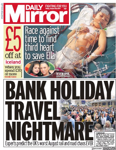 Daily Mirror Newspaper Front Page for 25 August 2017