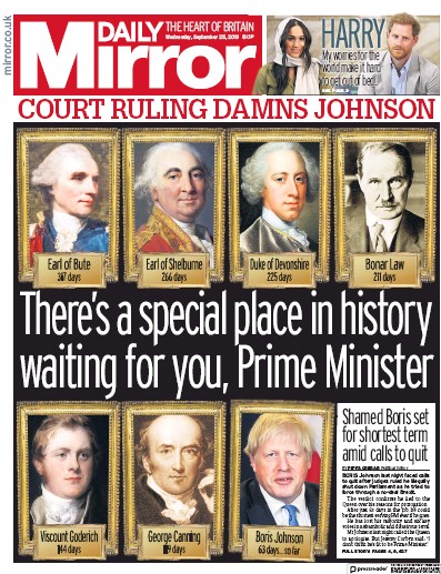 Daily Mirror Newspaper Front Page for 25 September 2019