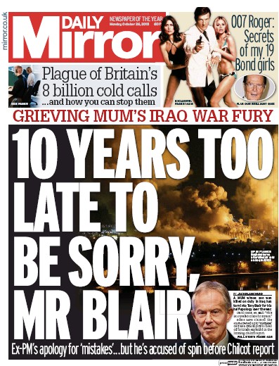 Daily Mirror Newspaper Front Page for 26 October 2015