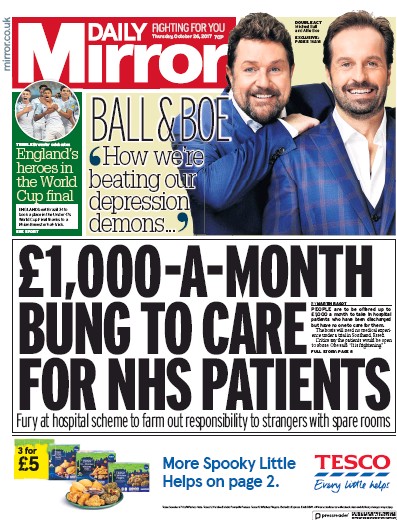 Daily Mirror Newspaper Front Page for 26 October 2017