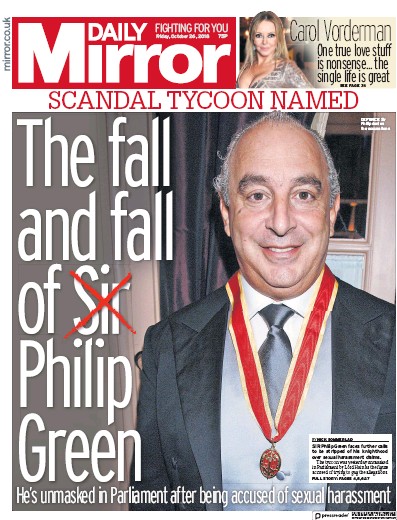 Daily Mirror Newspaper Front Page for 26 October 2018
