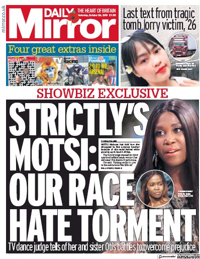 Daily Mirror Newspaper Front Page for 26 October 2019