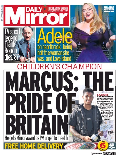 Daily Mirror Newspaper Front Page for 26 October 2020