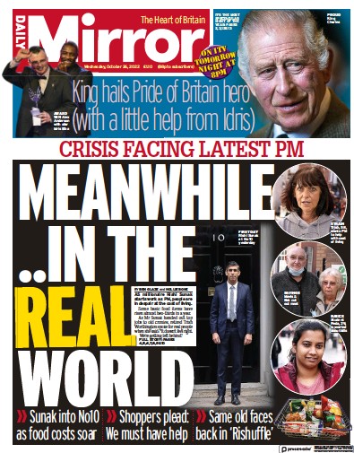 Daily Mirror Newspaper Front Page for 26 October 2022