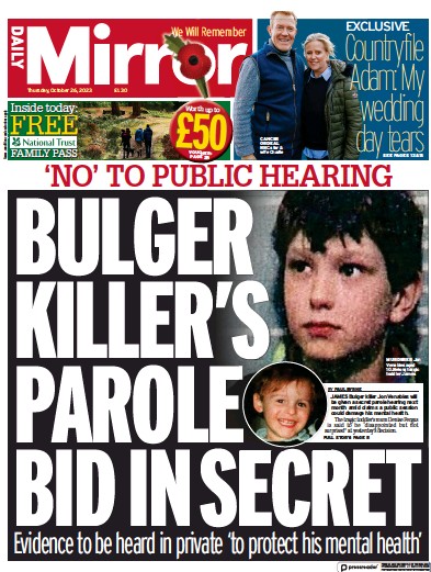 Daily Mirror (UK) Newspaper Front Page for 26 October 2023