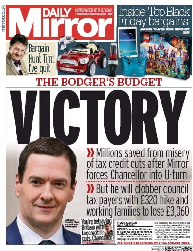 Daily Mirror Newspaper Front Page for 26 November 2015