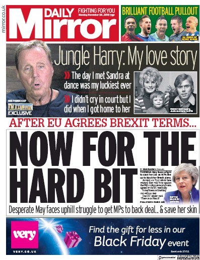 Daily Mirror Newspaper Front Page for 26 November 2018