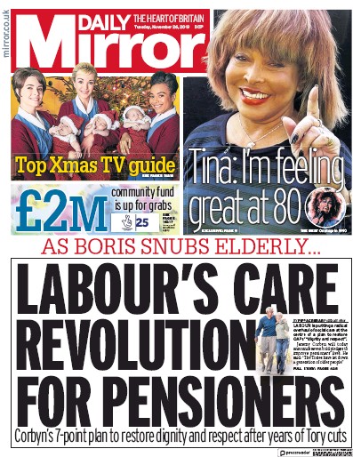 Daily Mirror Newspaper Front Page for 26 November 2019