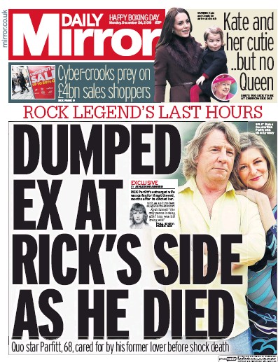 Daily Mirror Newspaper Front Page for 26 December 2016