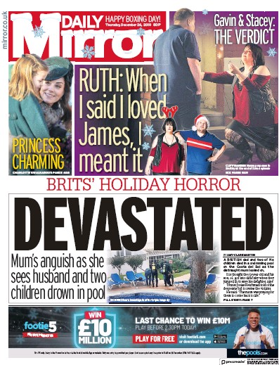 Daily Mirror Newspaper Front Page for 26 December 2019