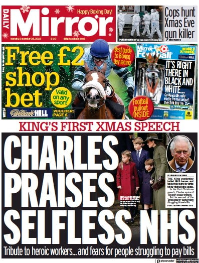 Daily Mirror Newspaper Front Page for 26 December 2022