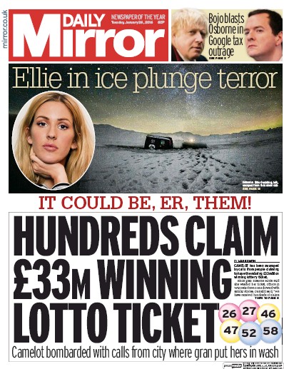 Daily Mirror Newspaper Front Page for 26 January 2016