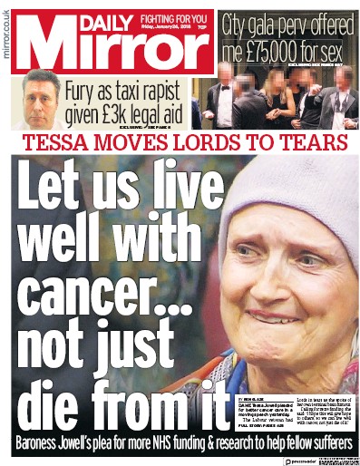 Daily Mirror Newspaper Front Page for 26 January 2018