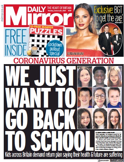 Daily Mirror Newspaper Front Page for 26 January 2021