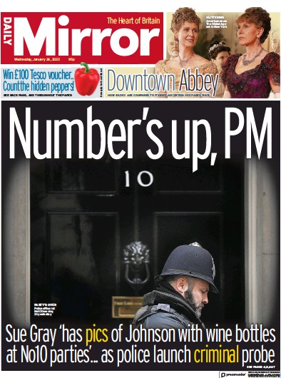 Daily Mirror (UK) Newspaper Front Page for 26 January 2022