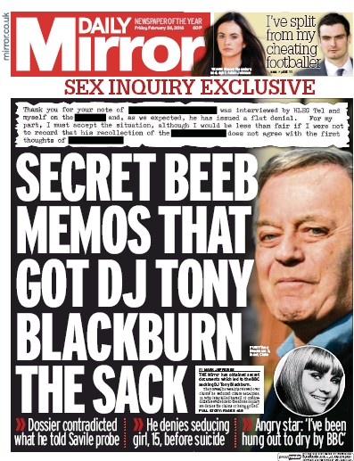 Daily Mirror Newspaper Front Page for 26 February 2016