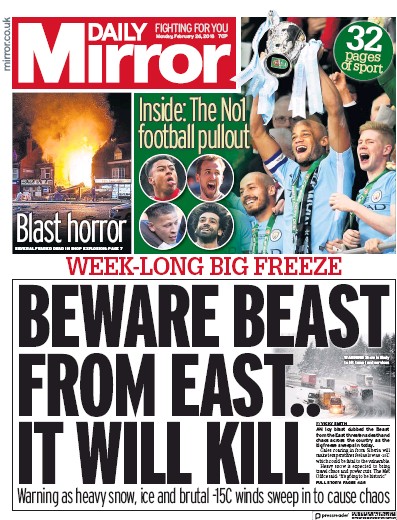 Daily Mirror Newspaper Front Page for 26 February 2018
